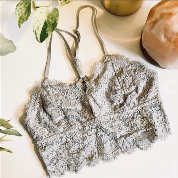 NEW AERIE AEO Grey Lace Racerback Longline Keyhole Boho Sheer Bra Bralette XS - Picture 1 of 8